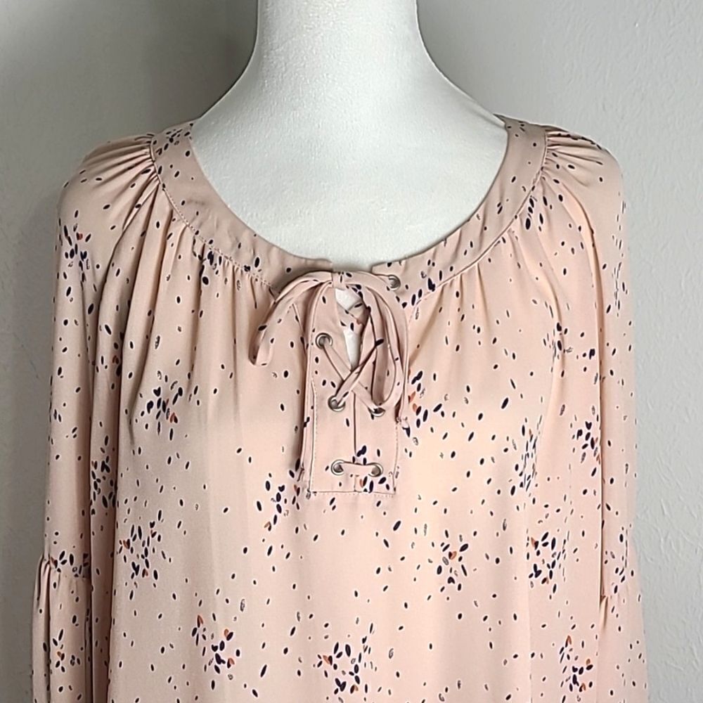 a.n.a. Light Pink Blouse, Splashes of Navy, Lace-up Neckline/Ruffles, Sz Large - Picture 3 of 11
